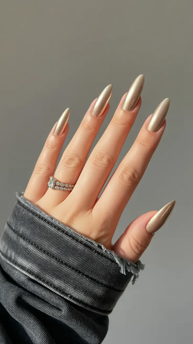 march nail colors 2026 Champagne Chrome Elegance With Almond Drama