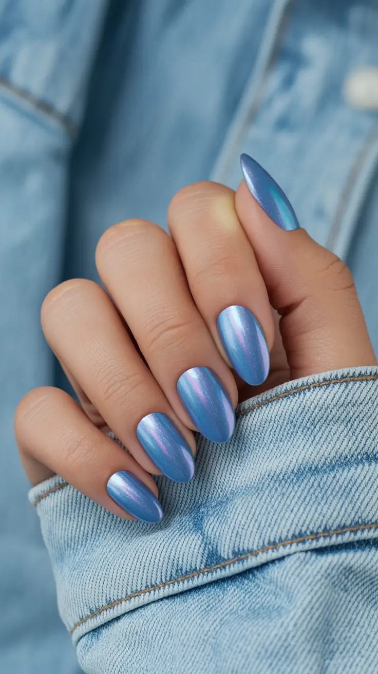 march nail colors 2026 Iridescent Blue Chrome With Denim Vibes