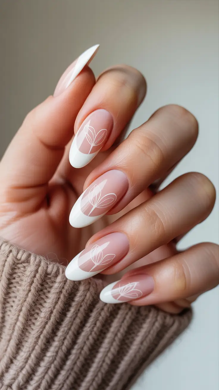 march nail colors 2026 White-Outlined French With Leafy Line Art