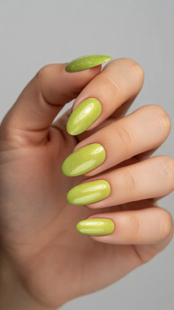 March Nails - spring Ideas 2026 Lime Sparkle Almond Shine