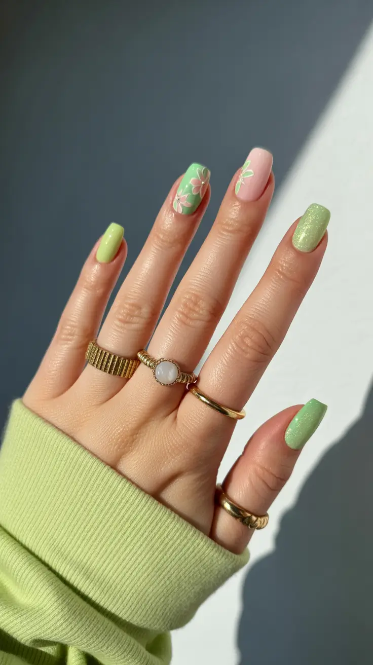 March Nails - spring Ideas 2026 Minty Fresh Floral Square