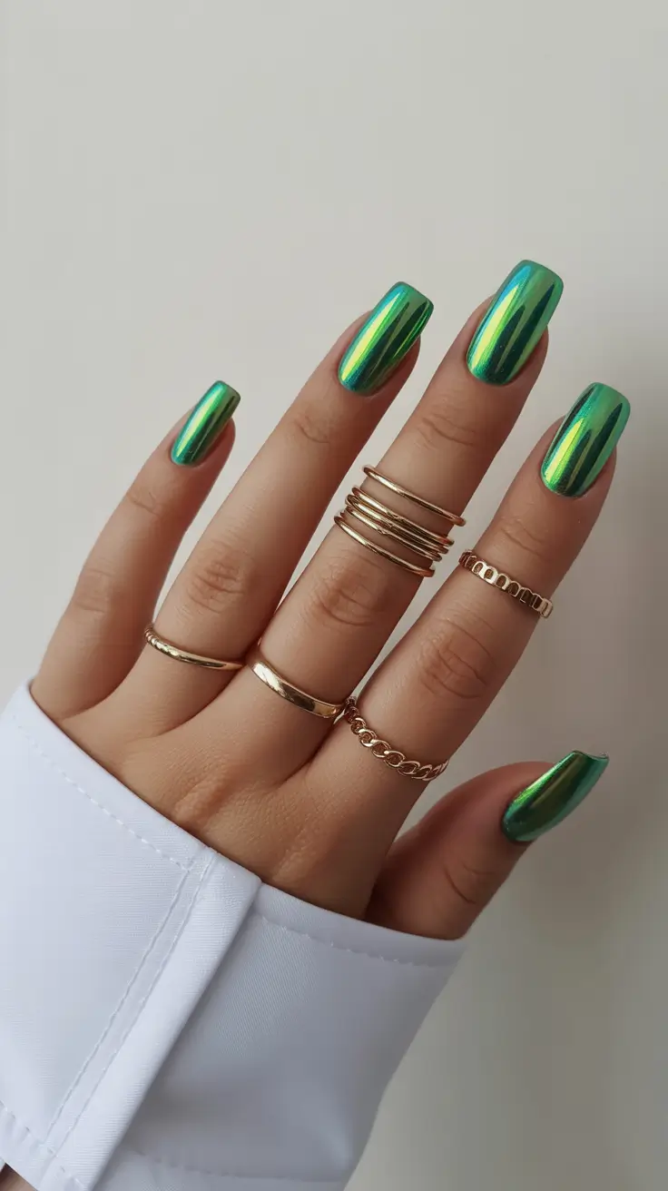 March Nails - spring Ideas 2026 Emerald Mirror Chrome Shine