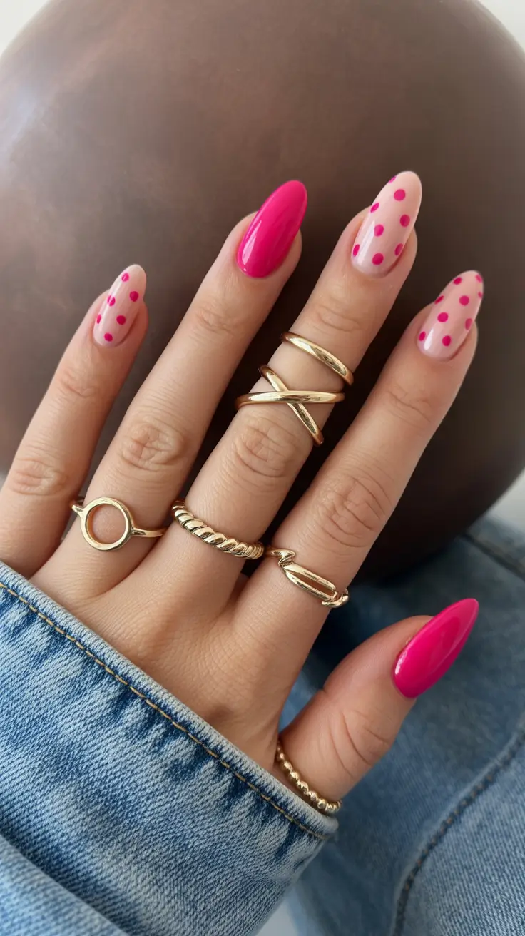 March Nails - spring Ideas 2026 Pink Pop Dot Almond