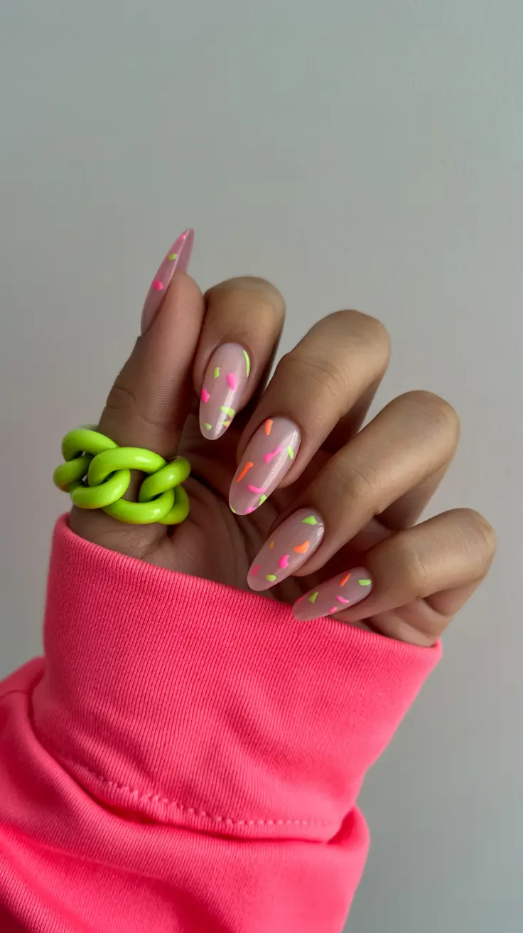 March Nails - spring Ideas 2026 Neon Confetti Almond Spark