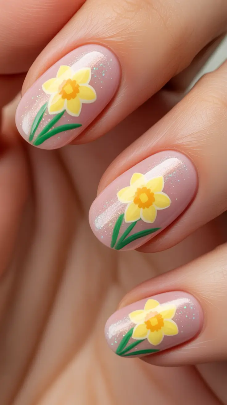 March Nails - spring Ideas 2026 Daffodil Sparkle Short Bloom