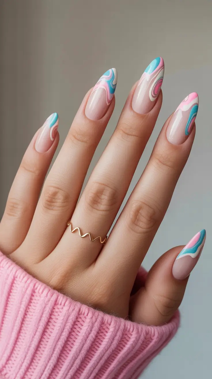 March Nails - spring Ideas 2026 Pastel Swirl Almond Waves