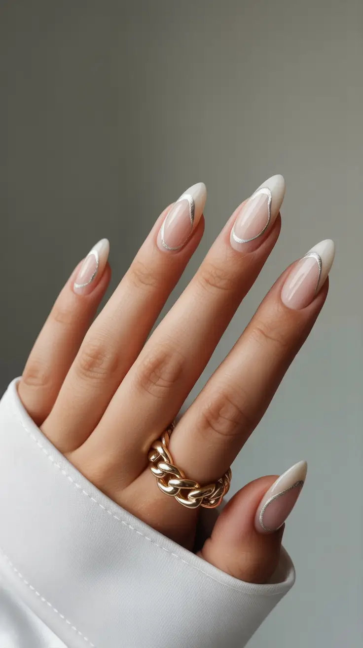 March Nails - spring Ideas 2026 Silver-Lined Soft French Almond