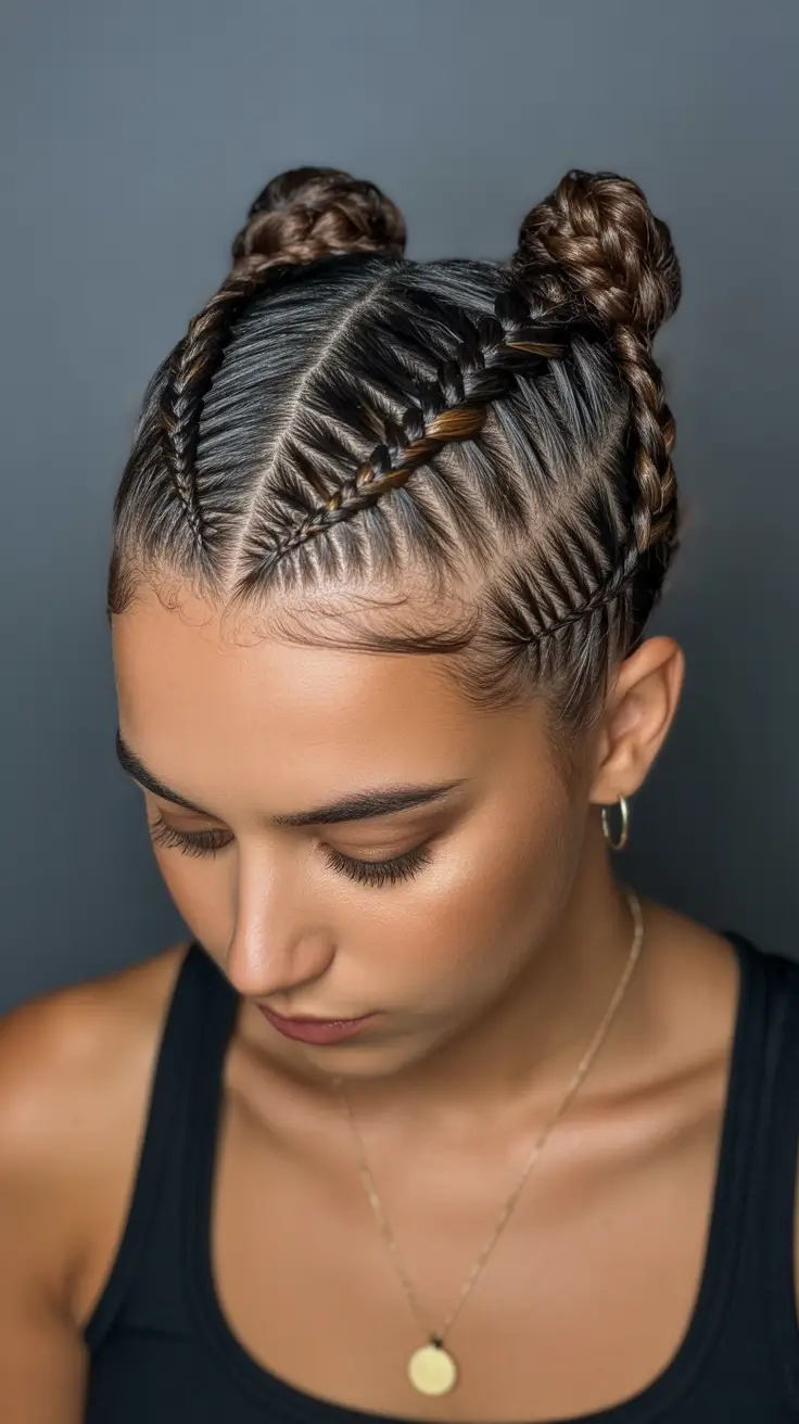 modern spring braids hairstyle 2026 Double Bun Braided Style With Youthful Spring Energy