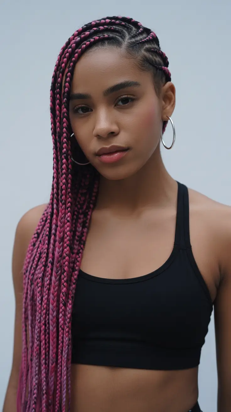 modern spring braids hairstyle 2026 Side-Swept Pink Braids With a Soft Statement Finish