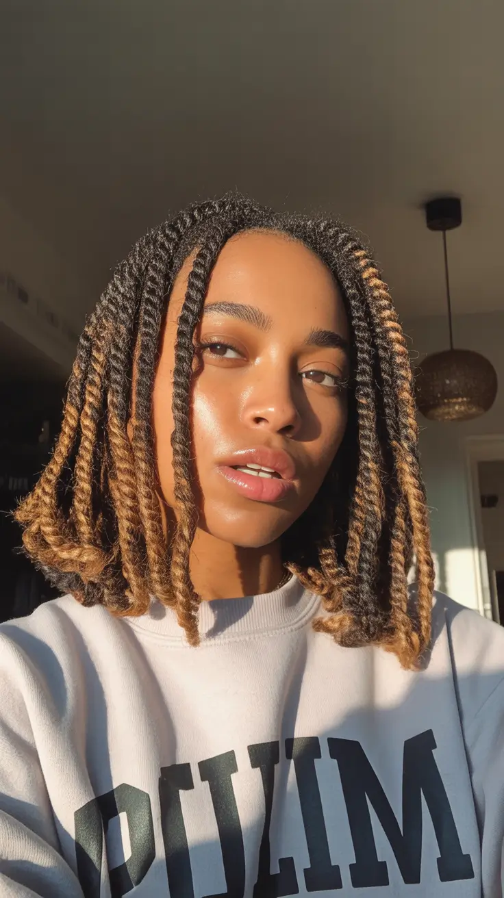 modern spring braids hairstyle 2026 Short Spring Twist Braids With a Sunlit, Lived-In Shape