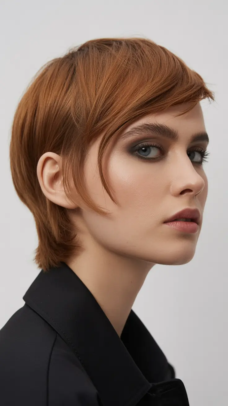 spring short hairstyles 2026 Warm Auburn Pixie With Editorial Energy