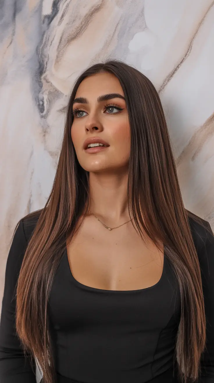 spring brunette hair color 2026 Subtle Glow Brunette With Sleek Straight Finish