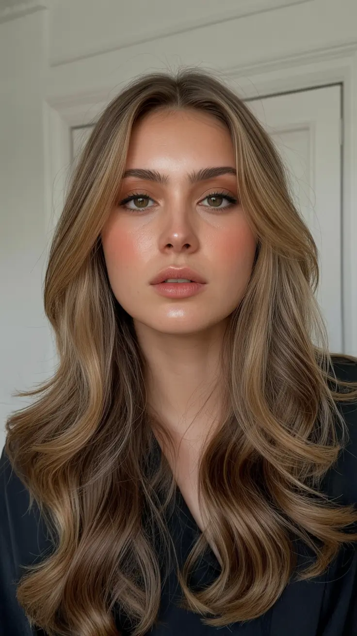 spring brunette hair color 2026 Golden Brunette Waves With Soft Spring Radiance