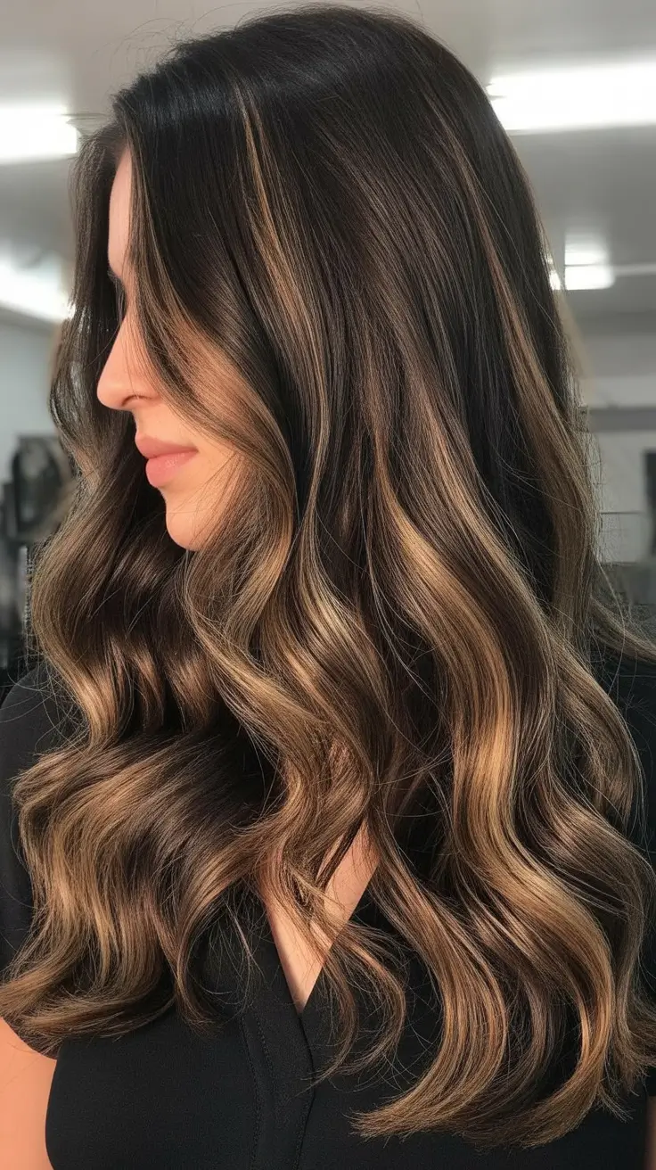 spring brunette hair color 2026 Deep Brunette With Caramel Balayage Ribboning