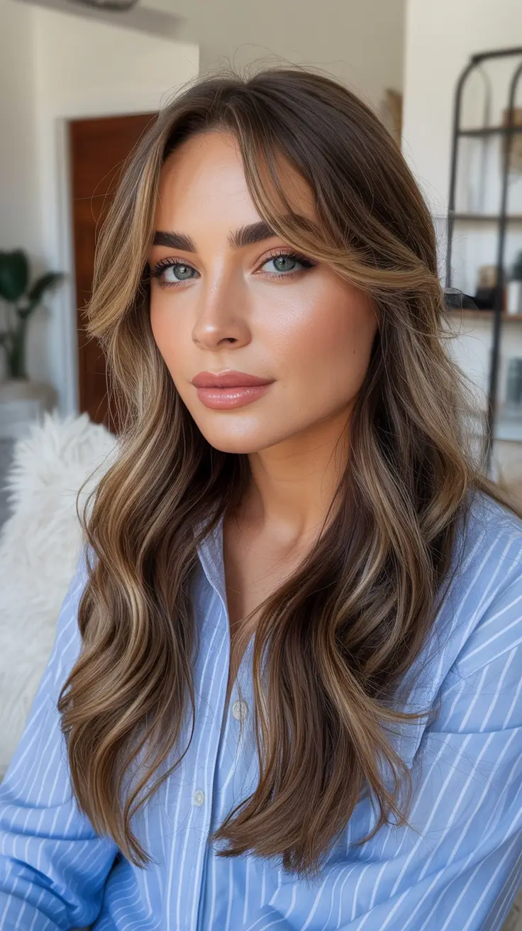 spring brunette hair color 2026 Dimensional Brunette With Soft Bangs and Face Highlights