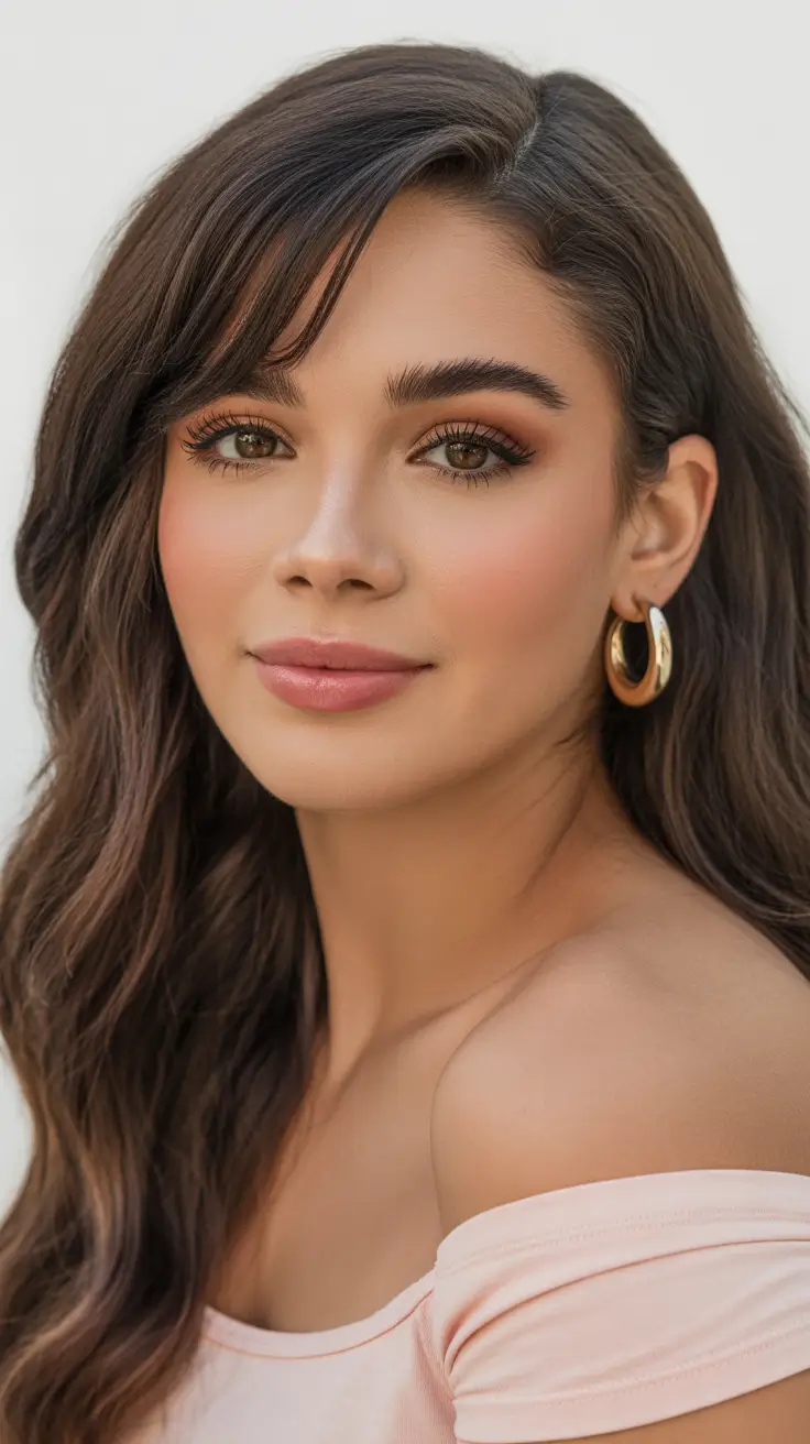 spring brunette hair color 2026 Romantic Brunette Waves With Soft Side Bangs