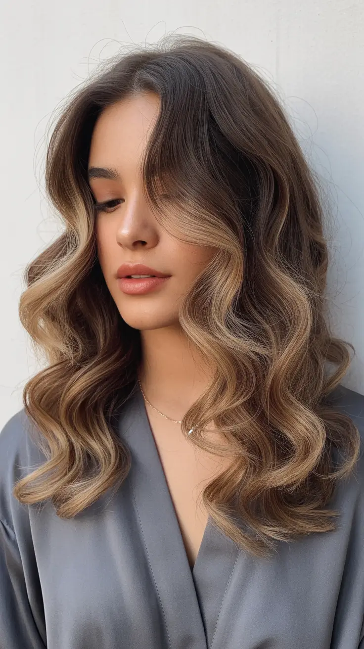 spring brunette hair color 2026 Dimensional Caramel-Swept Brunette With Voluminous Curls