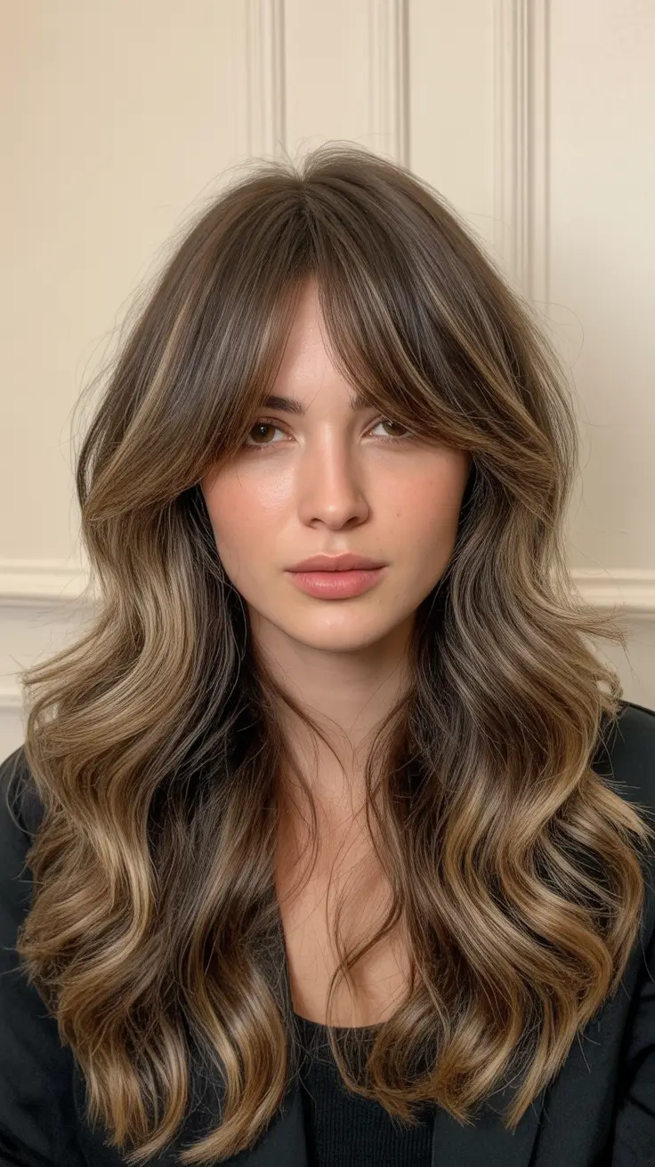 spring brunette hair color 2026 Layered Brunette Waves With Airy Curtain Bangs
