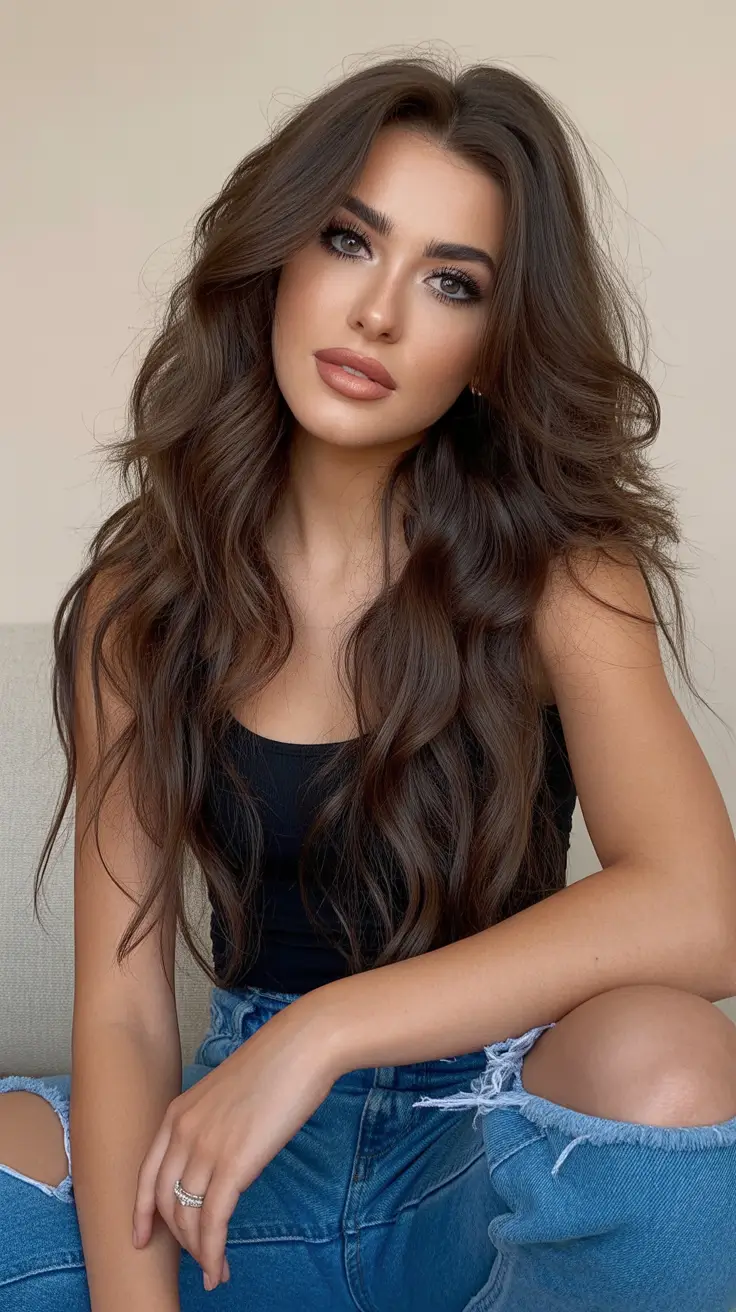 spring brunette hair color 2026 Soft Mocha Waves With Dimensional Warmth