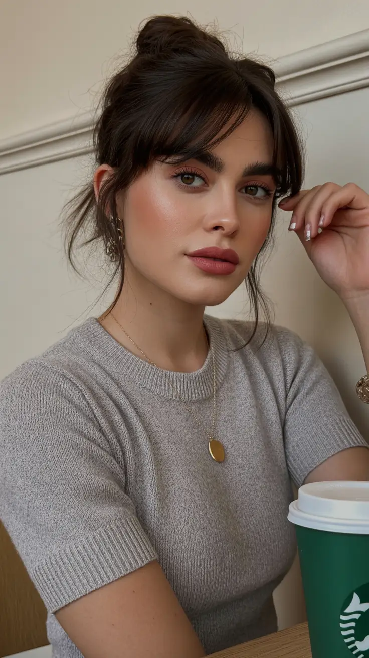 spring brunette hair color 2026 Spring Brunette Updo With Soft, Wispy Bangs