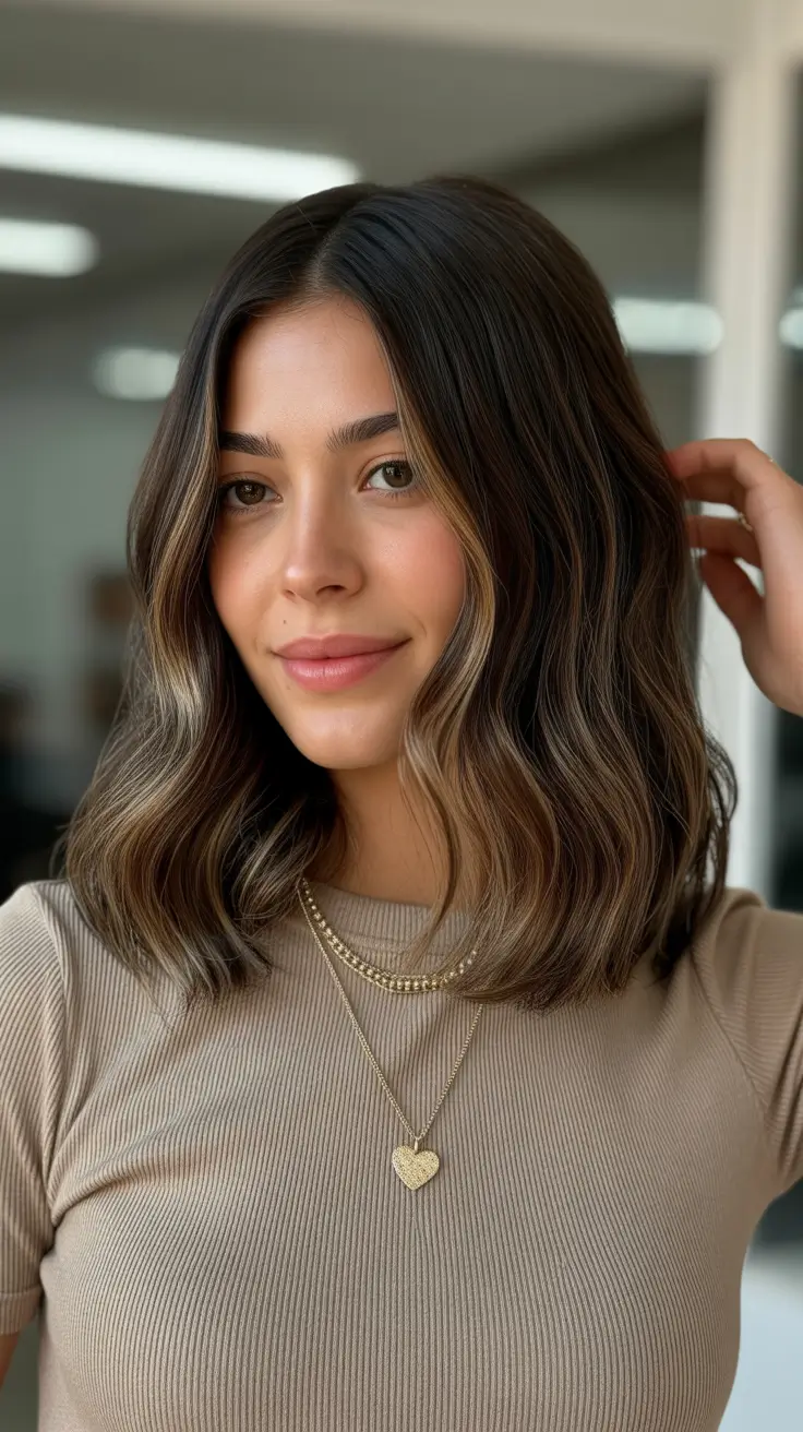 spring brunette hair color 2026 Soft Wavy Lob With Gentle Highlight Accents