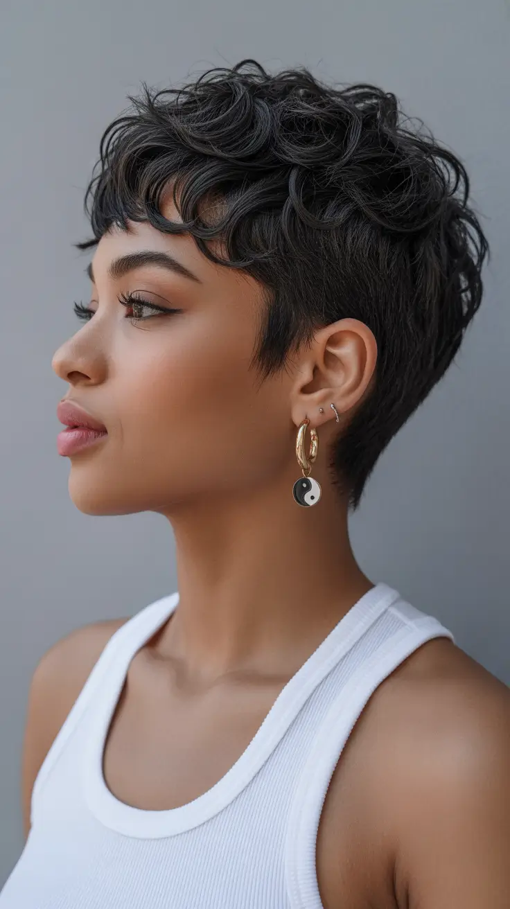 playful spring pixie haircuts 2026 Curled Midnight Pixie With Sculpted Spring Volume