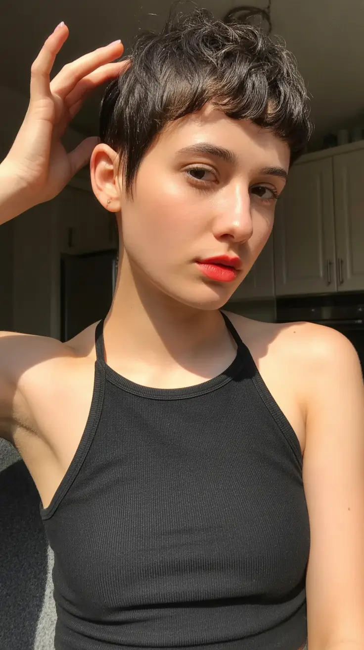 playful spring pixie haircuts 2026 Soft Charcoal Curled Pixie With Sunny Highlights