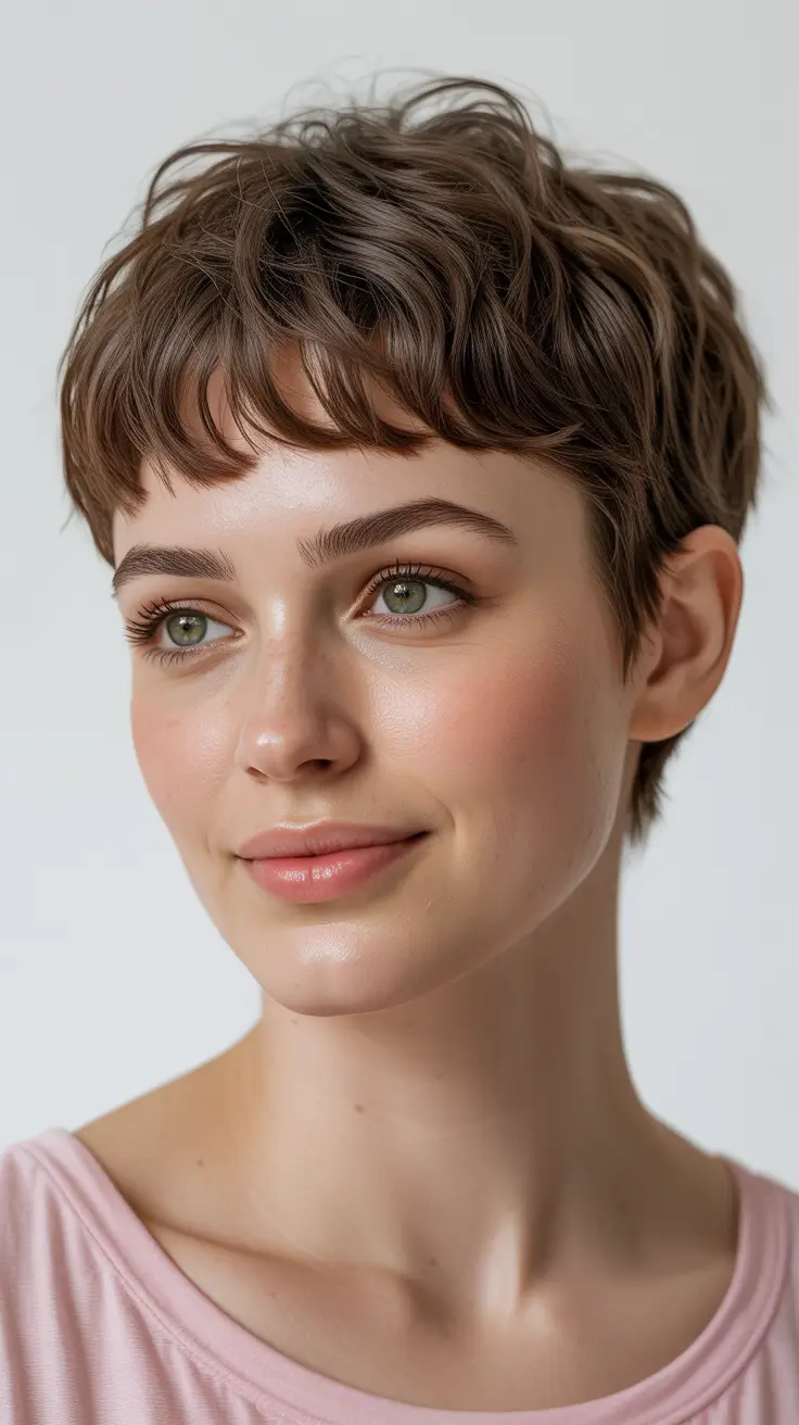 playful spring pixie haircuts 2026 Toffee Brunette Pixie With Gentle Spring Waves