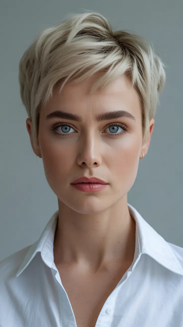 playful spring pixie haircuts 2026 Platinum Feathered Pixie With Air-Swept Crown