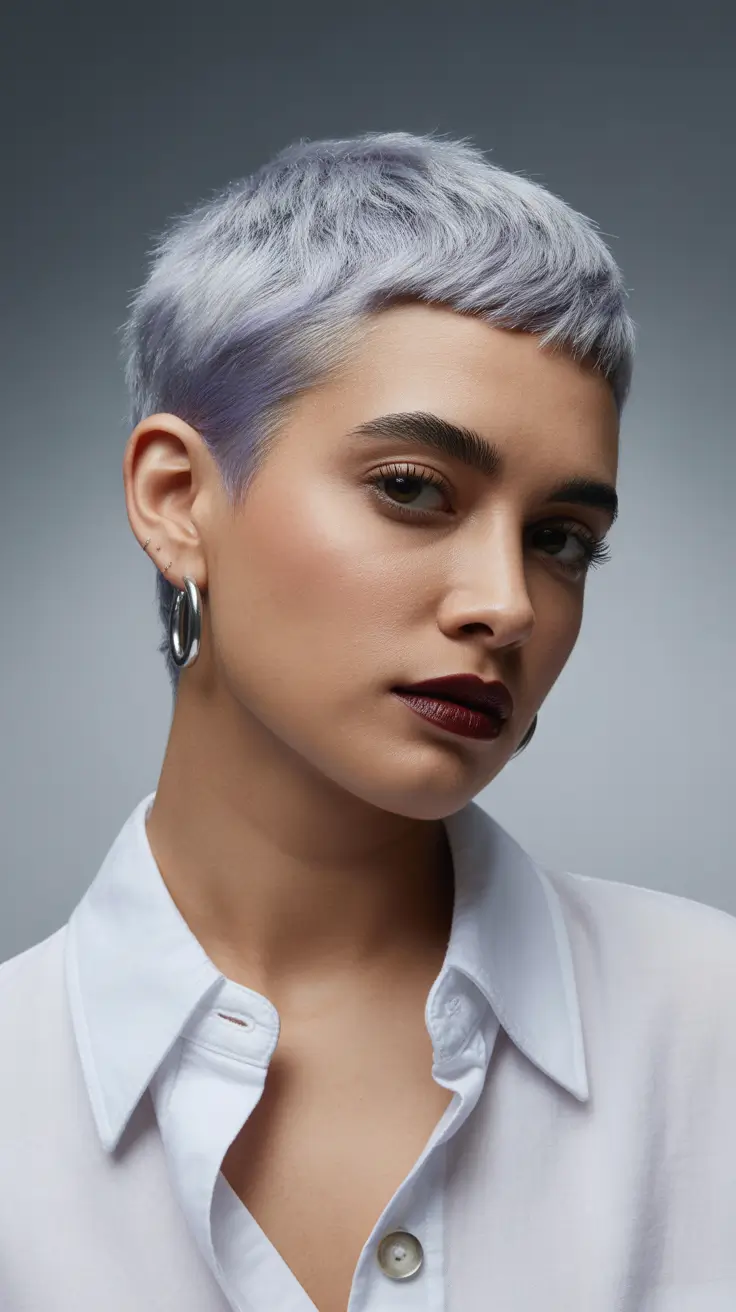 playful spring pixie haircuts 2026 Iced Lavender Pixie With Cosmic Cool Tones