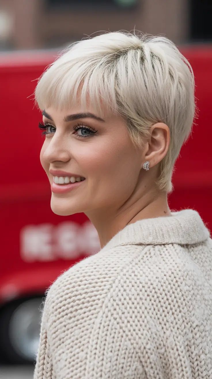 playful spring pixie haircuts 2026 Snowy Blonde Pixie With Soft Spring Fringe