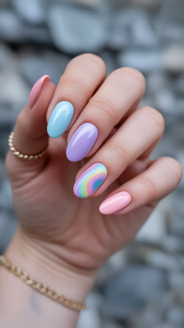 popular cute spring nails 2026 Pastel Mix With Rainbow Accent