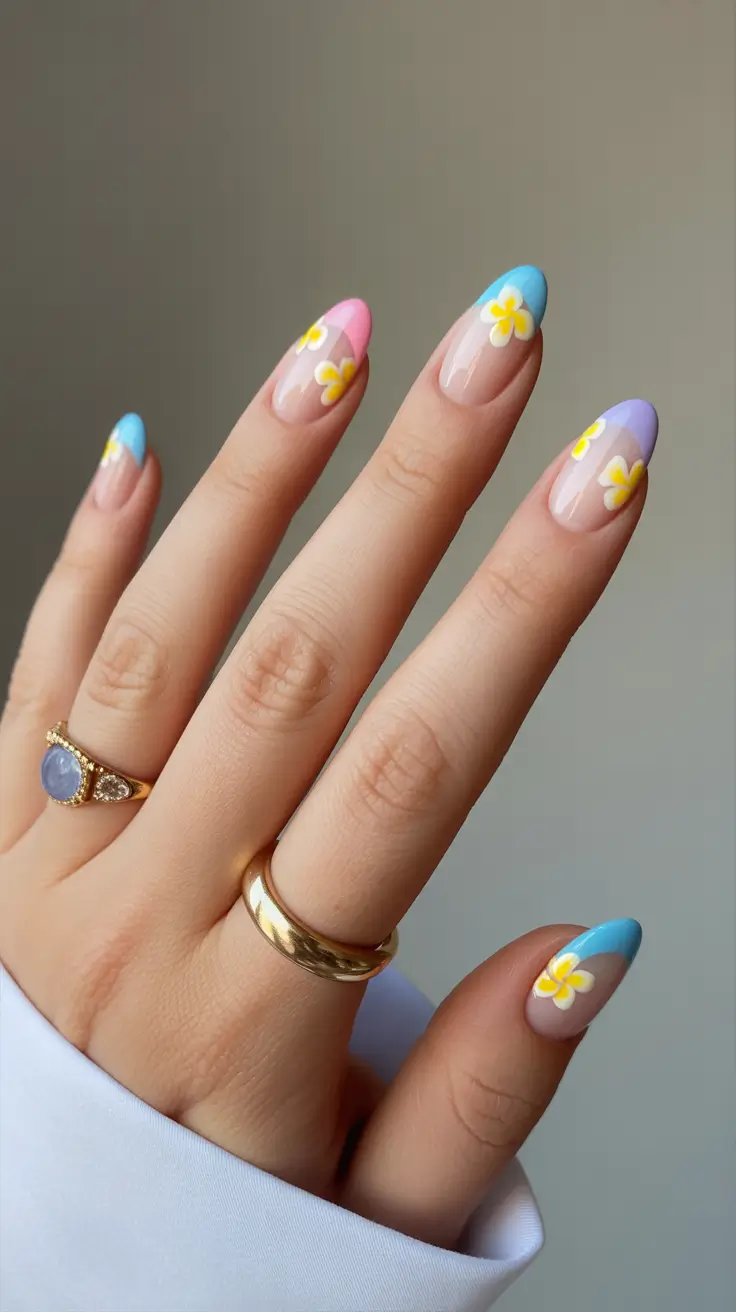 popular cute spring nails 2026 Pastel French Tips With Yellow Blossoms