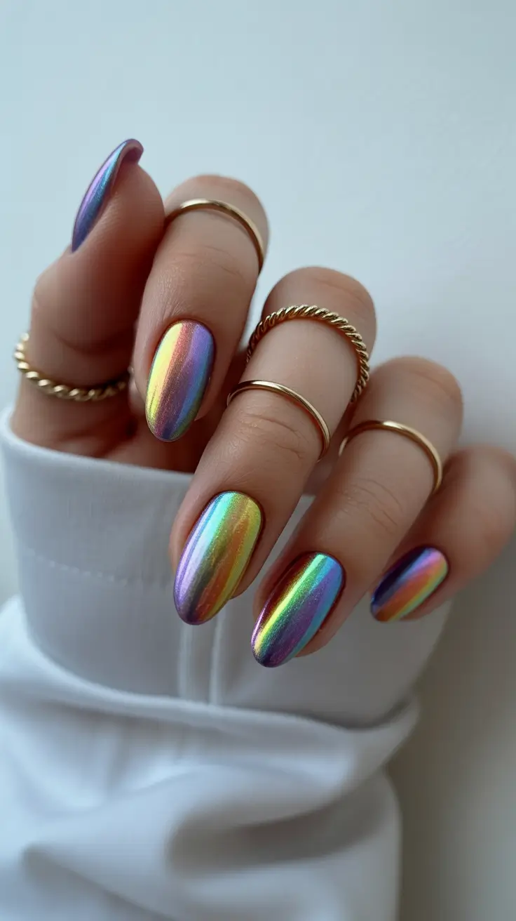 popular cute spring nails 2026 Metallic Rainbow Chrome Glow