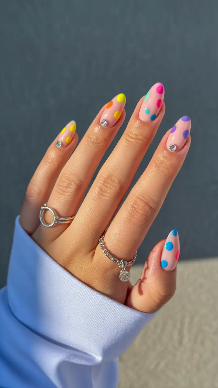 popular cute spring nails 2026 Rainbow Polka Dots With Crystal Accents