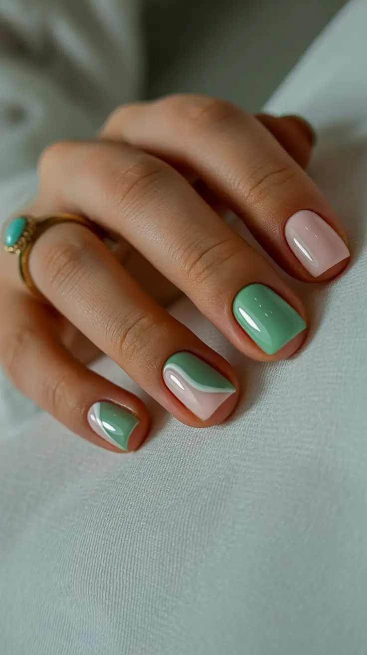 popular cute spring nails 2026 Mint And Blush Minimalist Color Blocking