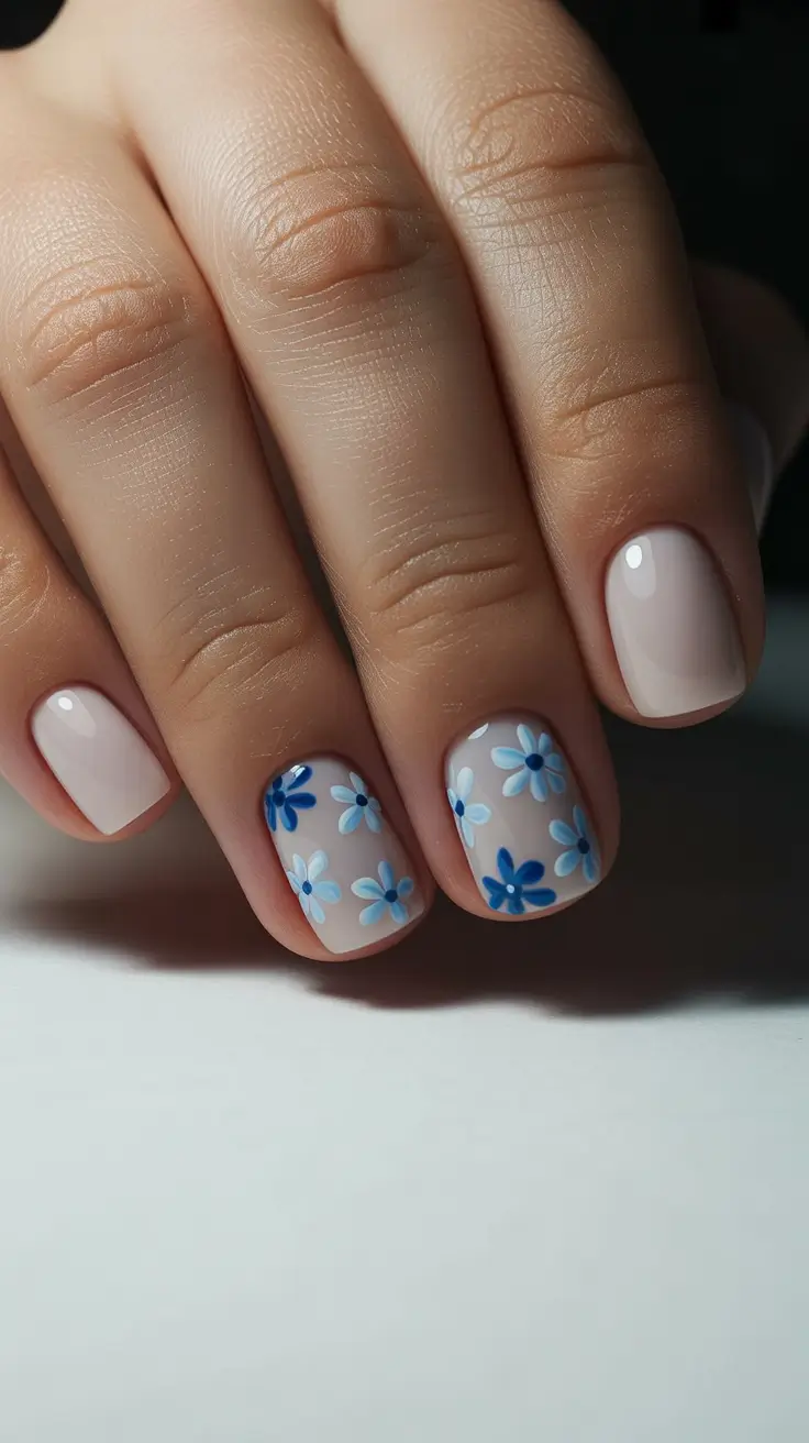 popular cute spring nails 2026 Blue Blossom Accent On Short Neutral Nails