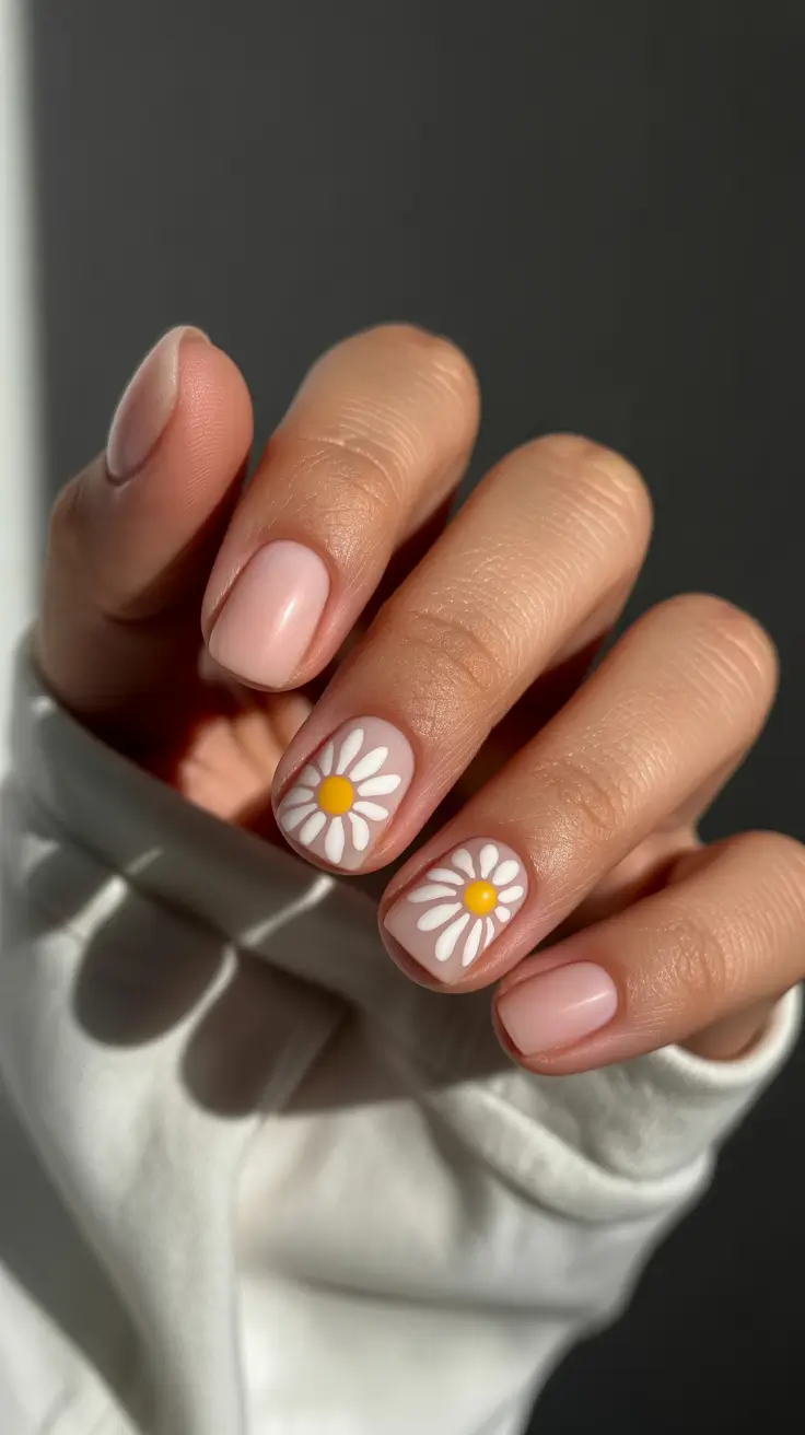 popular cute spring nails 2026 Soft Pink Daisy Glow