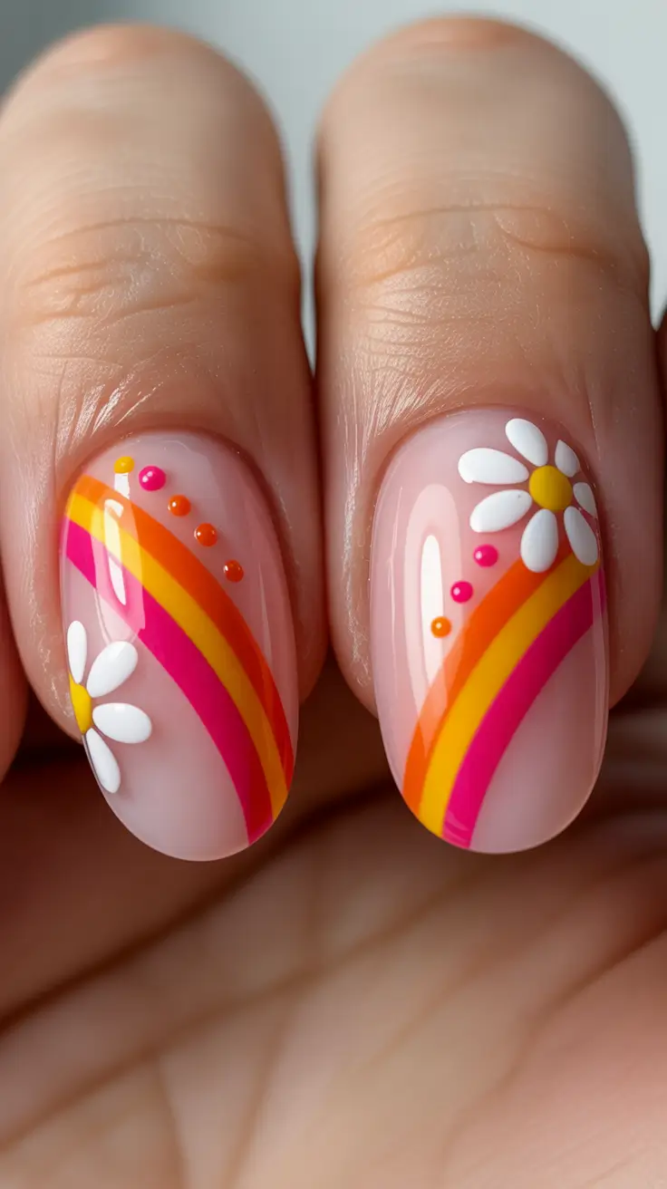 popular cute spring nails 2026 Retro Sunset Daisies