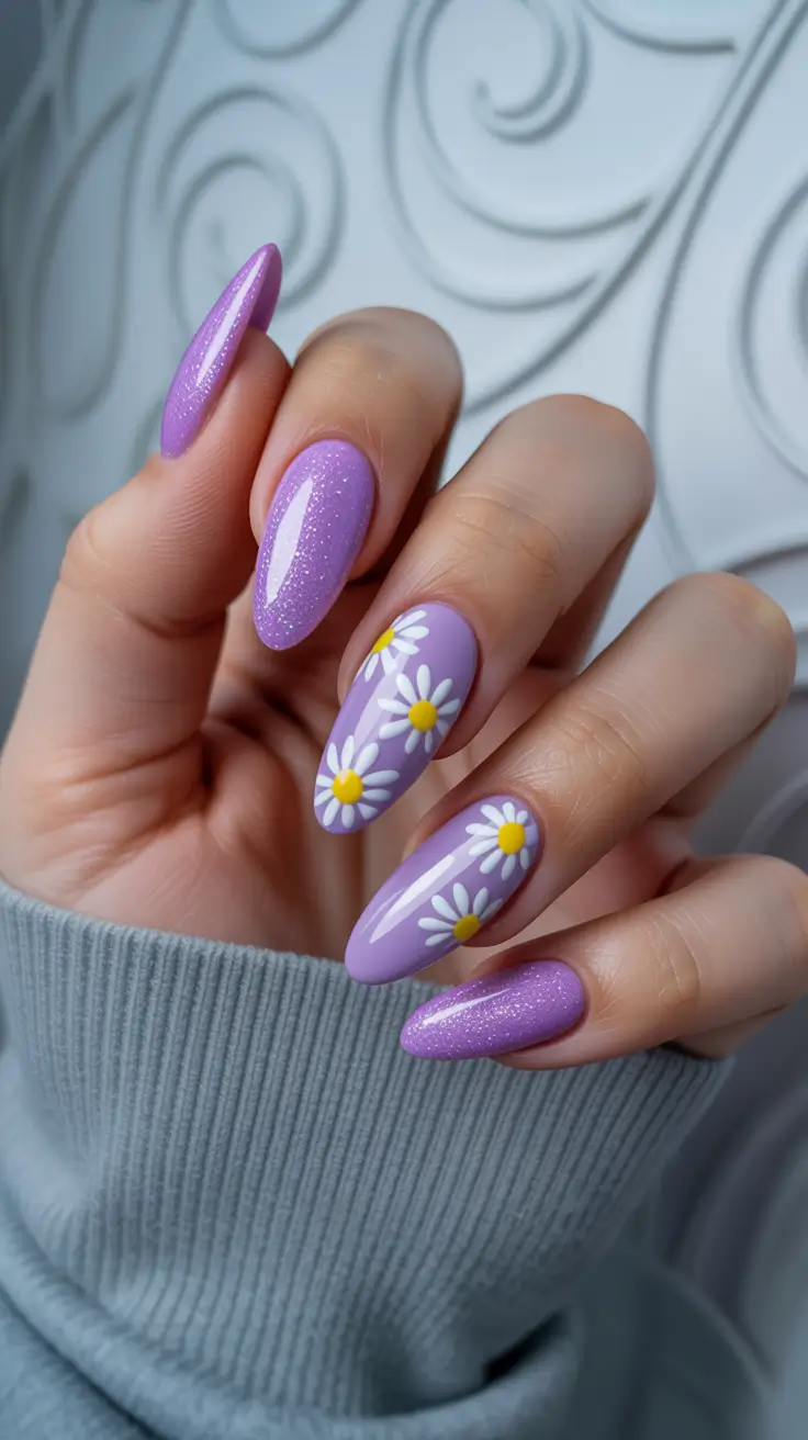 popular cute spring nails 2026 Lavender Sparkle With Daisy Trails