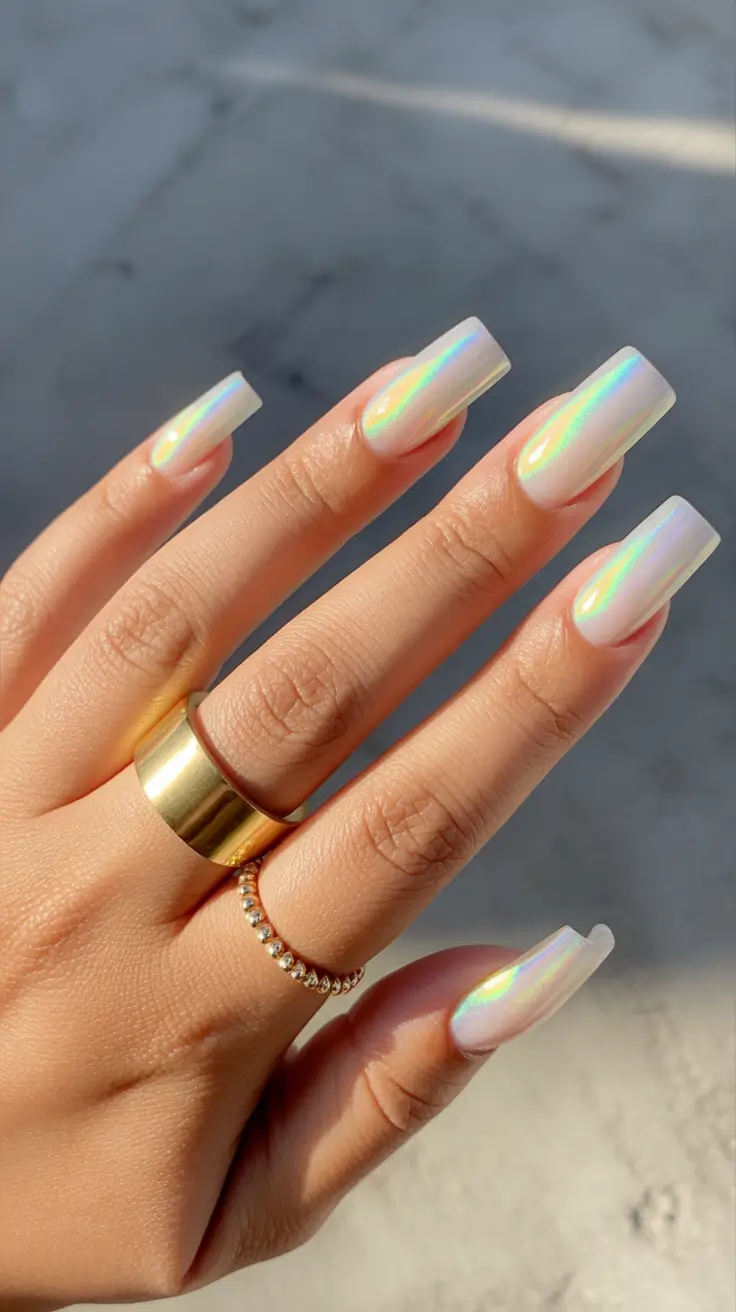 popular cute spring nails 2026 Iridescent Pearl Sheen Coffin Glow
