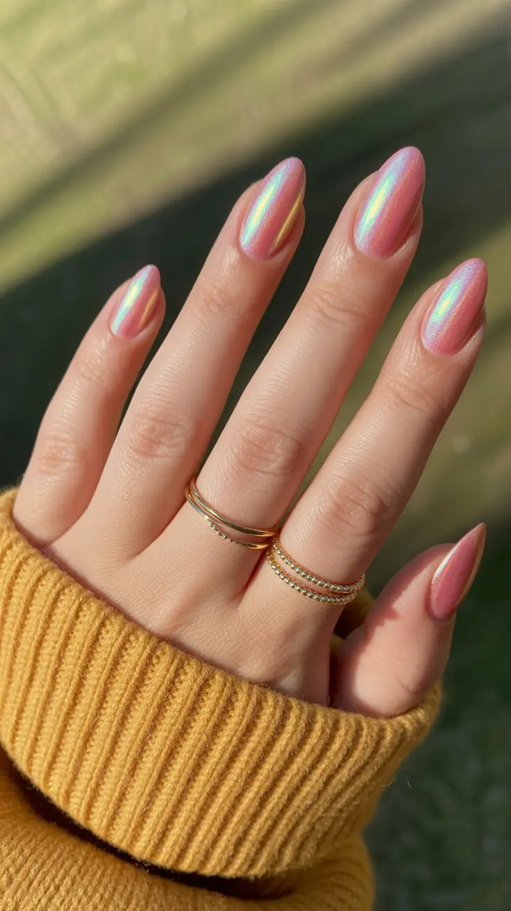 popular cute spring nails 2026 Blush Pink Holographic Almond Shine