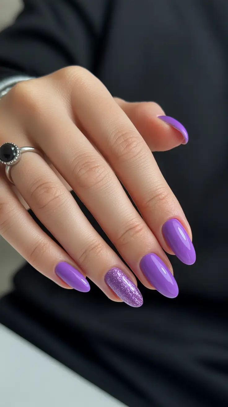 popular cute spring nails 2026 Amethyst Almond With Glitter Accent