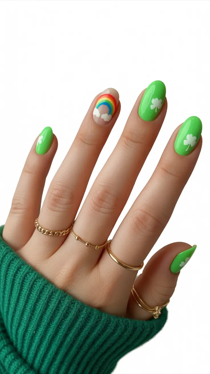 fun spring nails 2026 Lucky Green With Rainbow Accent