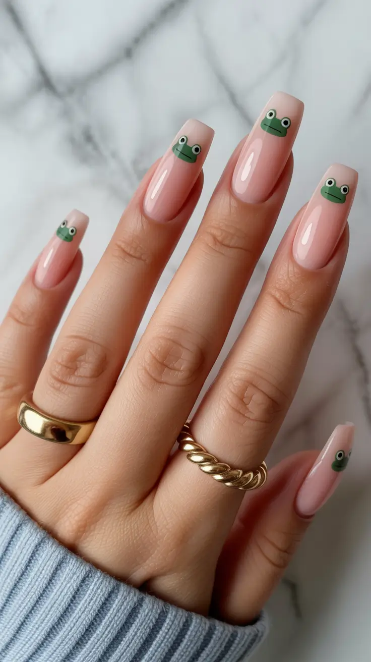 fun spring nails 2026 Minimalistic Frog Tips for Playful Spring Moods