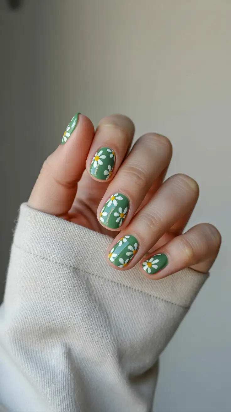 fun spring nails 2026 Fresh Meadow Green With Tiny Daisy Bursts