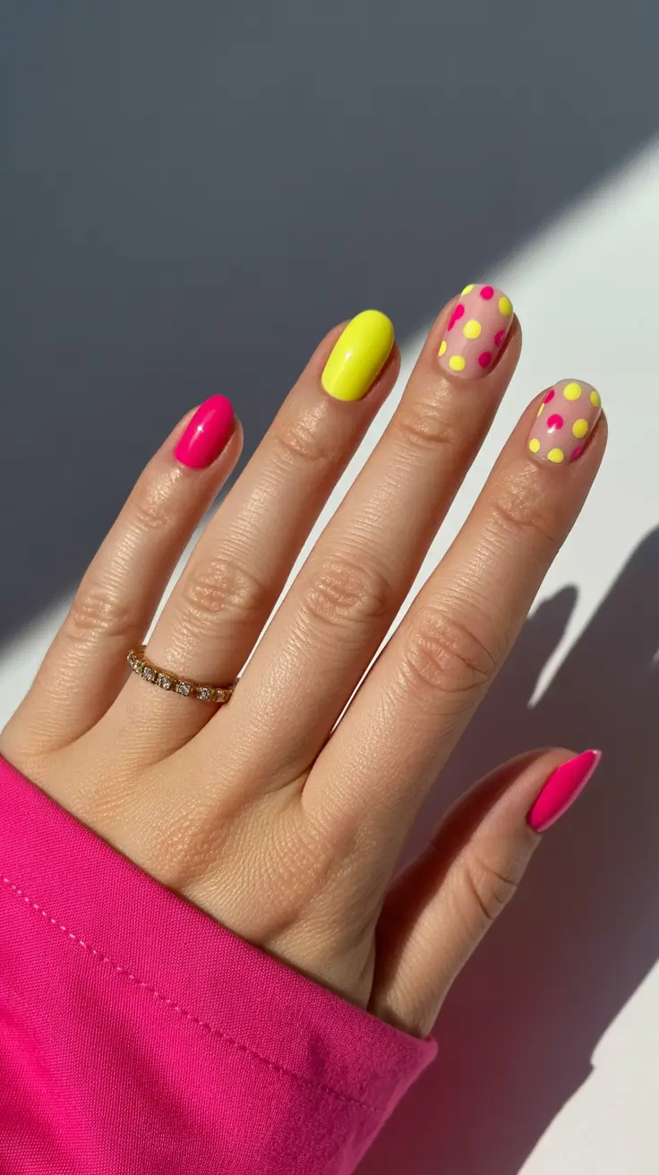 fun spring nails 2026 Neon Pop With Happy Polka Dots