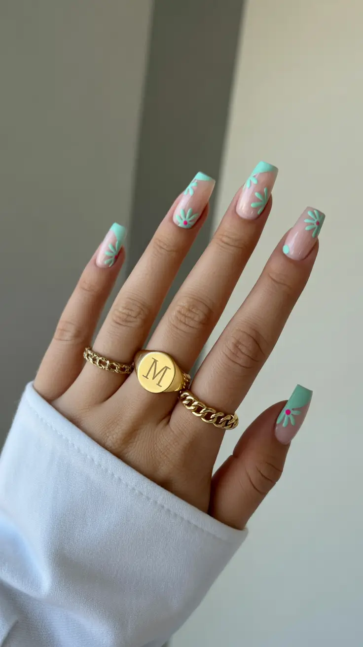 fun spring nails 2026 Minty French Blooms With Clean Square Tips