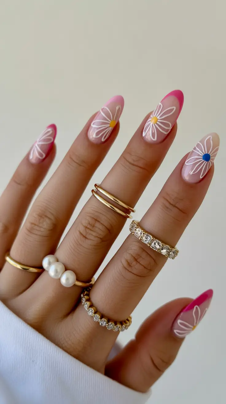 fun spring nails 2026 Hot Pink Petals on Almond-Tipped Florals