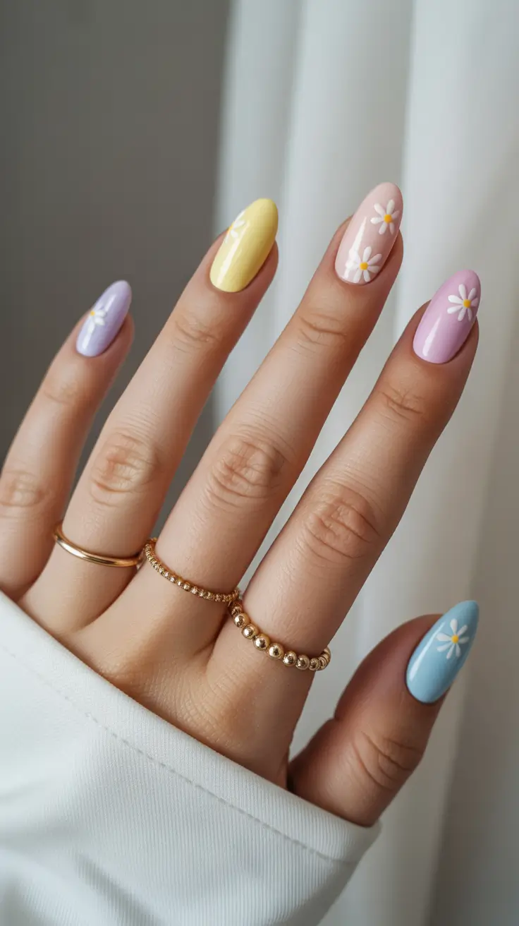 fun spring nails 2026 Pastel Rainbow Daisies for a Soft Spring Glow